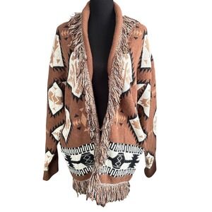 La Miel Aztec Fringed Open Front Draped Cardigan, Small, Bohemian, Southwestern
